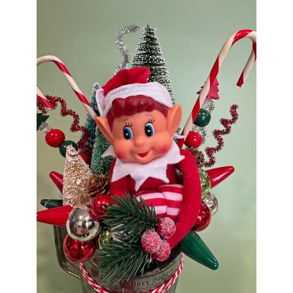 Vintage Knee Hugger Pixie Elf Christmas Assemblage in Flour Sifter Holiday Decor - Picture 8 of 8